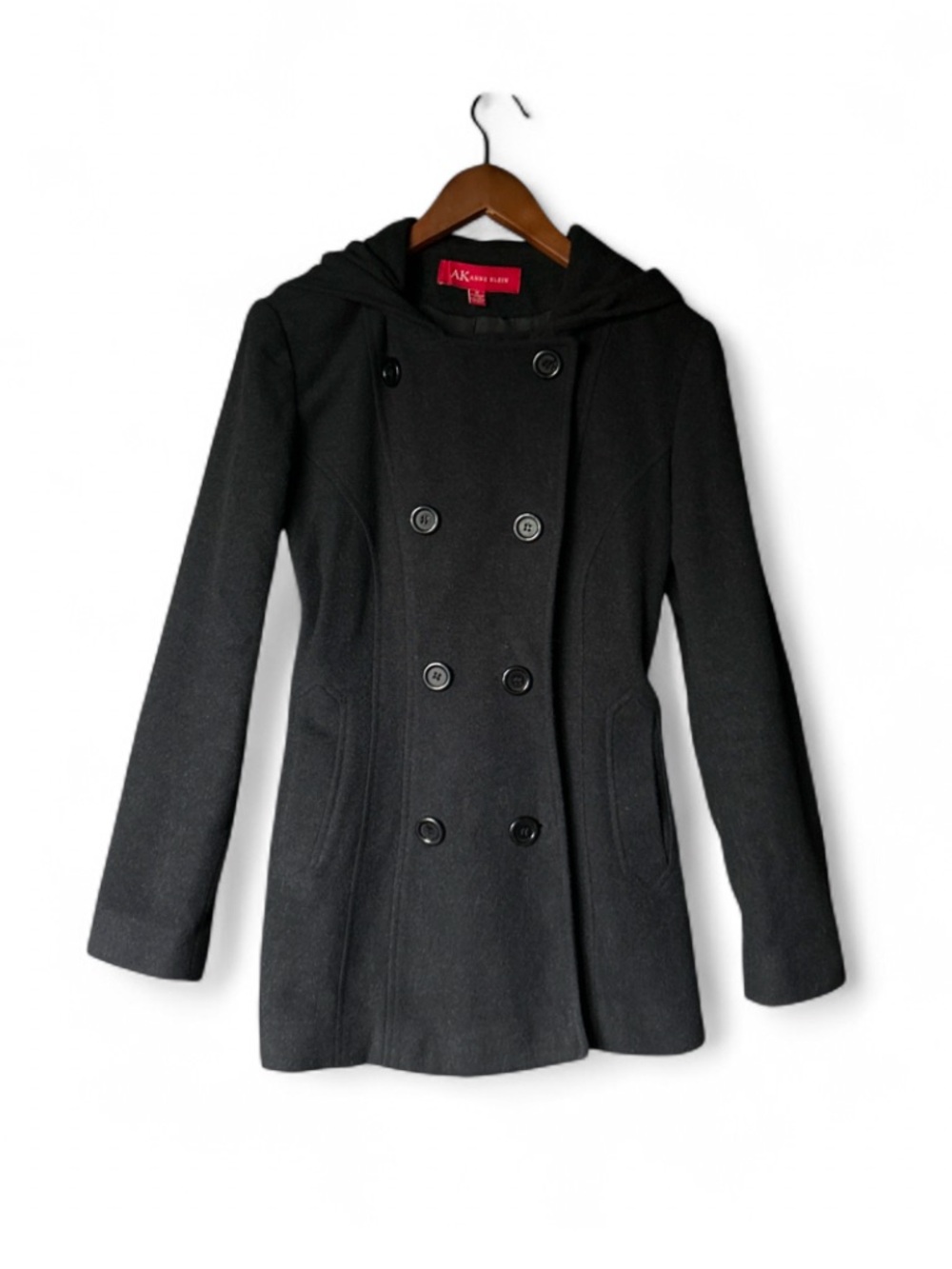 Anne Klein Women's Black Double-Breasted Wool Hooded Coat